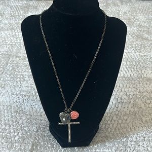 Crystal Cross Necklace with locket charm and rose